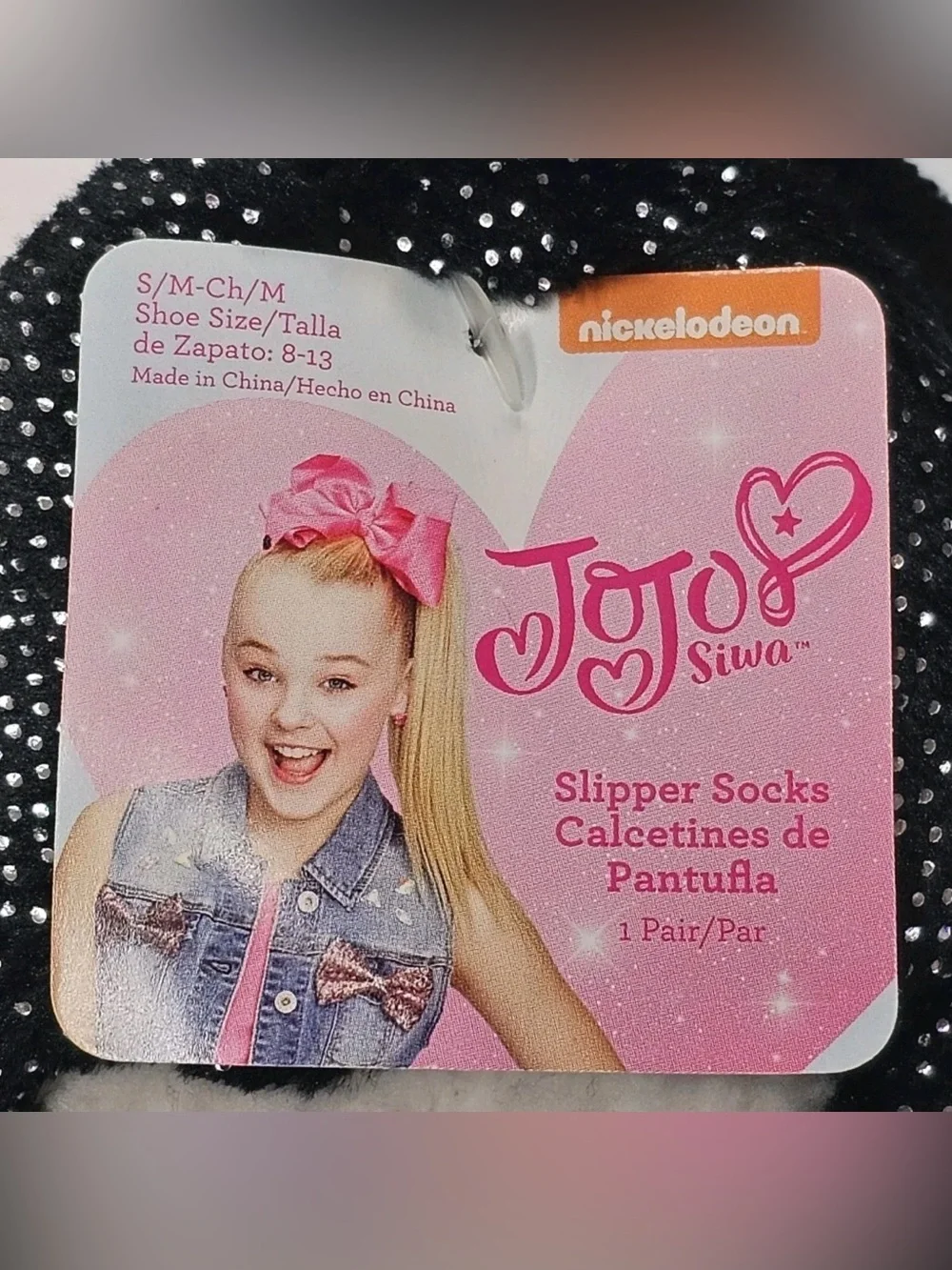 JoJo Siwa Girls Slipper Socks S M 8-13 Black Sparkle Bow Nickelodeon Cozy Fuzzy